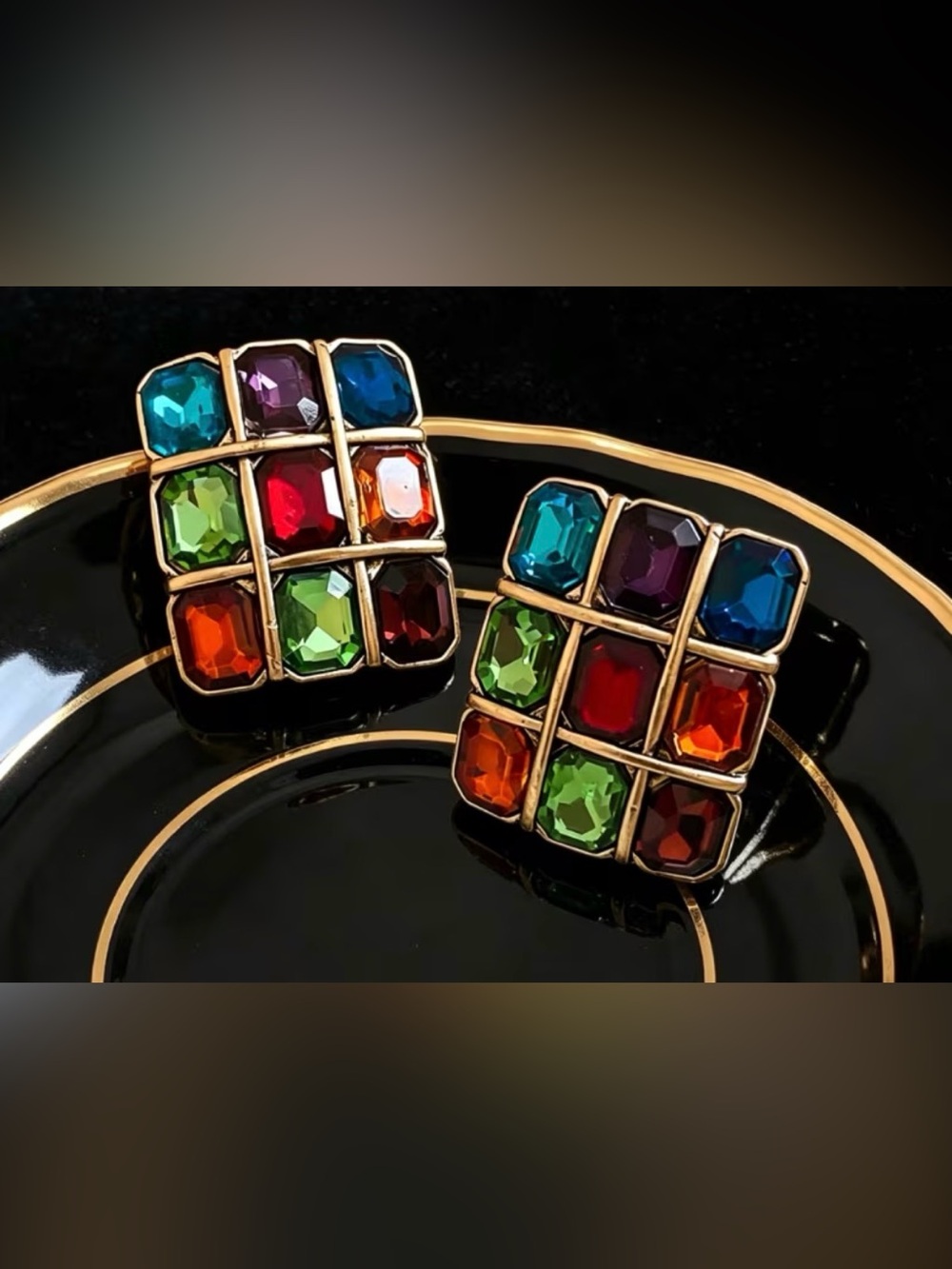Multicolor Crystal Grid Statement Earrings - Gold Tone